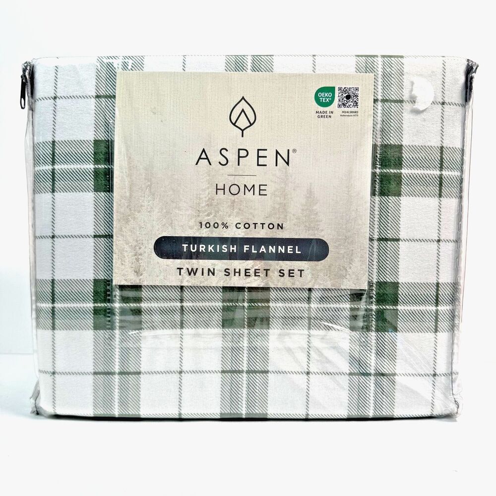 Aspen Home Turkish Flannel Twin Sheet Set 100% Cotton Green White Plaid 3pc New